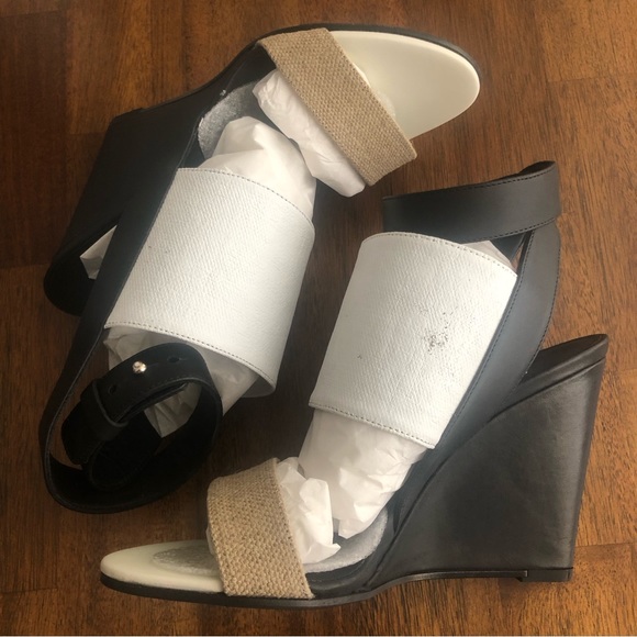 DAMAGED: NIB $425 VINCE Kyra Wedge Sandal in Black/White/Natural in size 6.5! - Picture 6 of 11